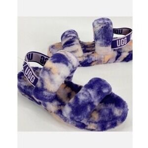 UGG Tie Dye Purple Orange Fur Sliders Slip Ons Slippers Women's Size 8/8.5